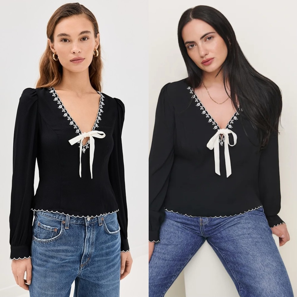 Reformation Black V-Neck Long Sleeve Blouse with White Ribbon & Embroidered Trim
